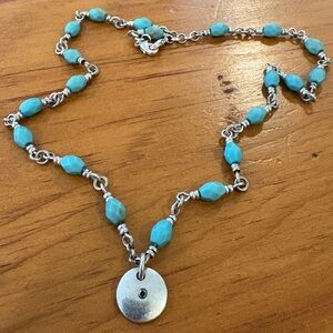 Vintage Turquoise-Look Beaded Chain Necklace with Silver-Tone Disc Pendant